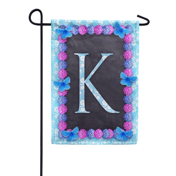 America Forever Spring Monogram Garden Flag Letter K 12.5 x 18 inches Double Sided Vertical Outdoor, Yard, Lawn, Decorative Seasonal, Hydrangeas, Blue Butterflies Bees Summer Floral Garden Flag