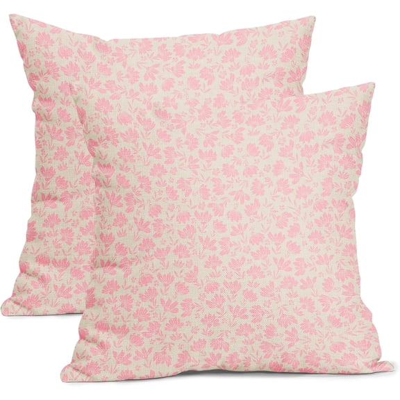 Daisy Floral Block Print Pillow Covers 16X16 Inch Pink Beige Flowers Decorative Square Pillow Cases Set of 2 Farmhouse Home Decor Vintage Rustic Cute Throw Pillows for Sofa Couch Outdoor