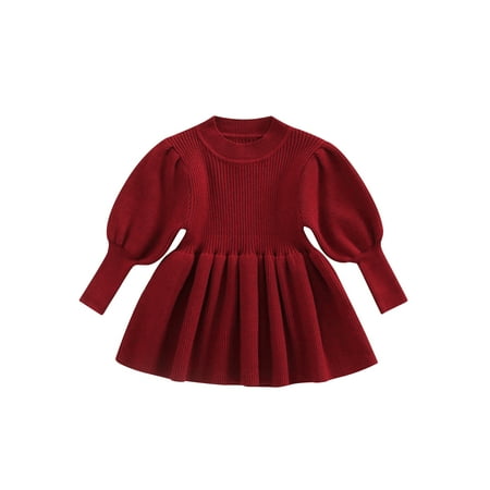 

JYYYBF 0-3Years Toddler Baby Girls Dress Puff Long Sleece Knit Ribbed Dresses Fall Winter Dress Outfits Wine Red 18-24 Months