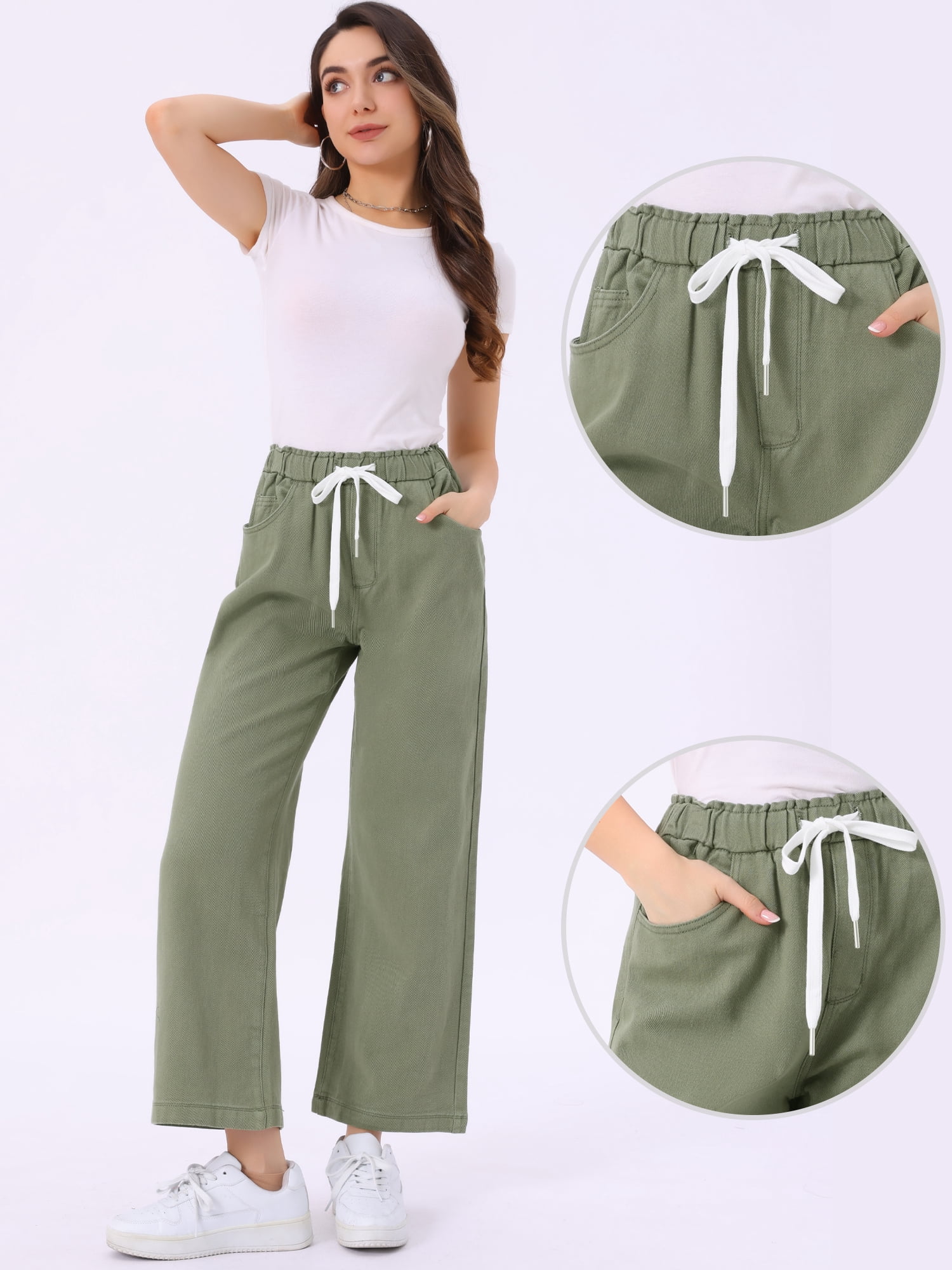 DARING DIVA Women's Trendy Elastic Waist Wide Legs Drawstring Jeans M Army Green