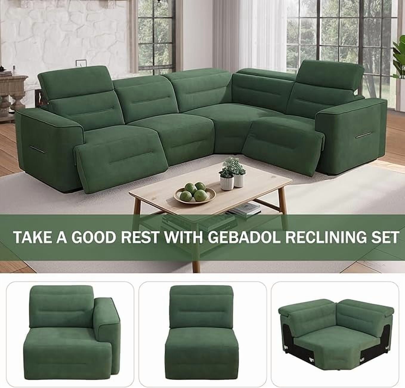 Power Recliner Sectional Sofa, L-Shaped Living Room Furniture Set, Green Flannel Reclining Sectional Couch with USB Ports (4 Seater)