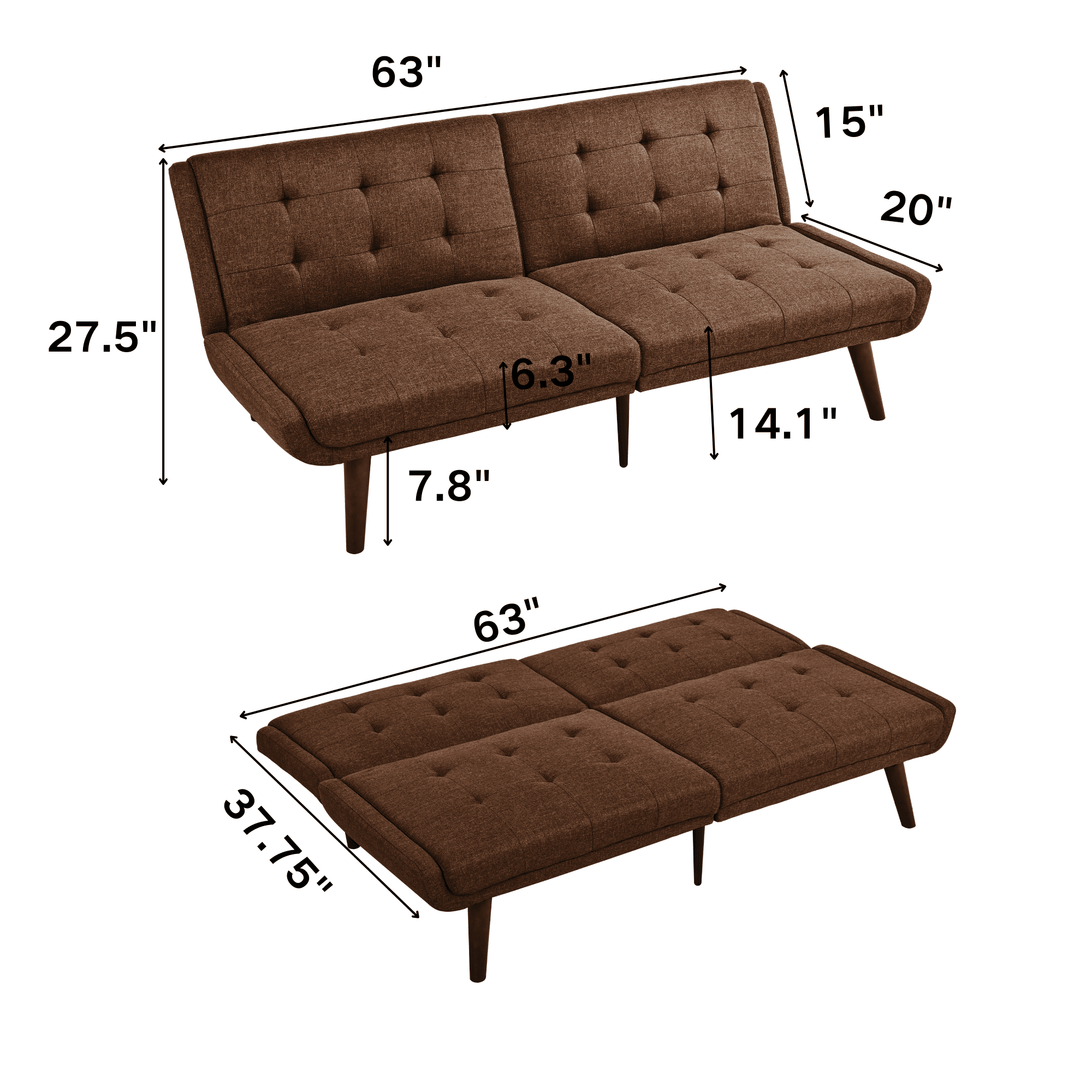 Jopat 63" Convertible Futon Sofa Bed,Modern Loveseat Sleeper Sofa Couch with 5-Position Adjustable Backrest for Small Spaces,Living Room,Brown