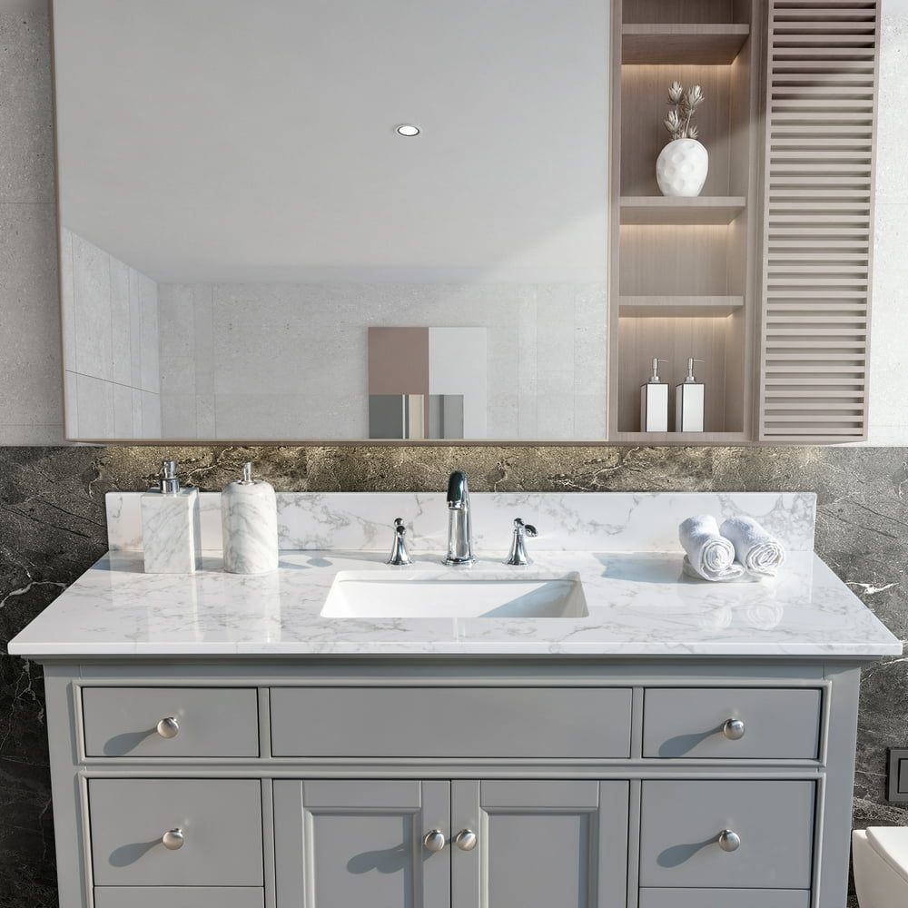 Vanity Top Engineered Stone Bathroom Vanity Top with Ceramic Sink & Faucet Hole & Back Splash
