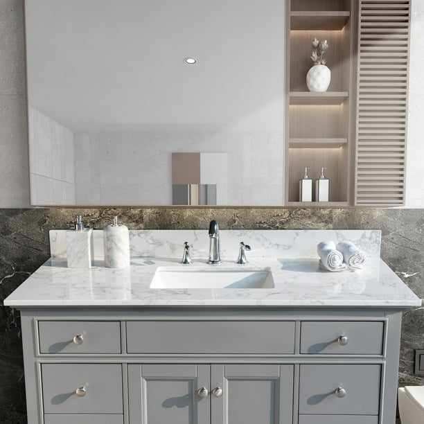 43 X22 Bathroom Stone Vanity Top Engineered Carrara White Marble Color With Rectangle Undermount Ceramic Sink And 3 Faucet Hole Back Splash Com - Marble Stone Bathroom Vanity Sink