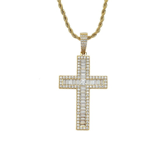 Hip Hop Bling Iced Out 14K Yellow Gold Cross Pendants Necklace For Men Jewelry