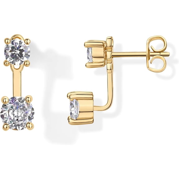 14K Gold Plated Sterling Silver Posts Cubic Zirconia Front & Back Statement Stud Earrings | Unique Earring Jackets for Women