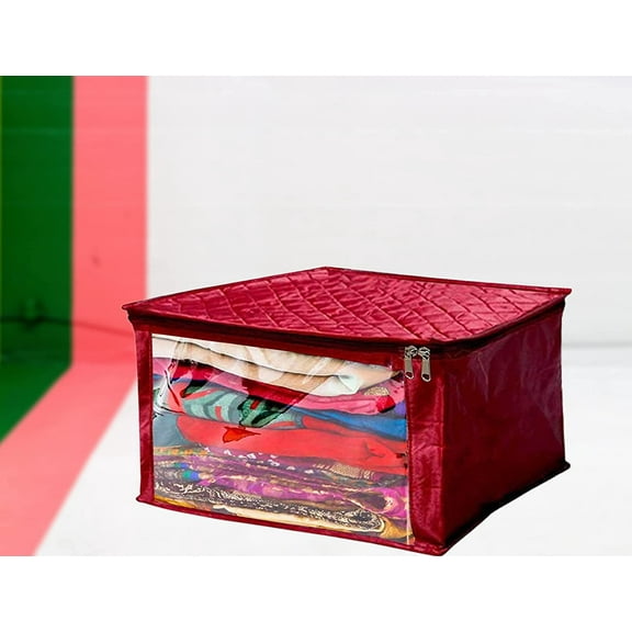 atorakushon Satin Fabric Foldable Garments Saree Blouse Cover Bag Pouch Closet Wardrobe Organizer With Clear Window Zipper Lock Pack of 1 (Maroon)