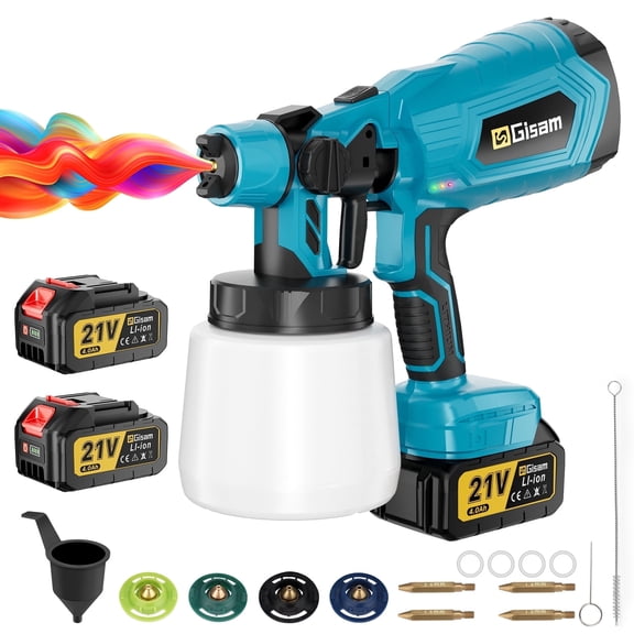 Gisam Cordless HVLP Paint Sprayer 21V MAX, Electric Spray Paint Gun with Adjustable 4 Nozzles & 3 Patterns,1000ML Container & 2PCS 4000mAh Batteries for House Furniture Fence Door Painting