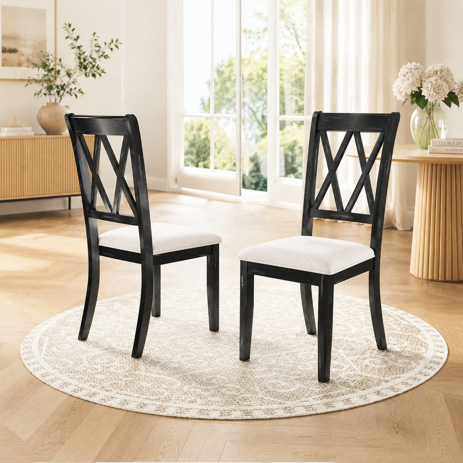 Furnibear Upholstered Dining Chairs Set of 2 Kitchen Side Chairs with Curved Cross Back and Natural Rubber Wood Legs for Dining Room, Beige