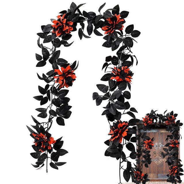 Guirnalda de hojas de arce de otoño de enredadera negra con rosas artificiales colgantes, enredadera de hojas de otoño negras, enredadera de seda con flores artificiales, cosecha de otoño, decoración