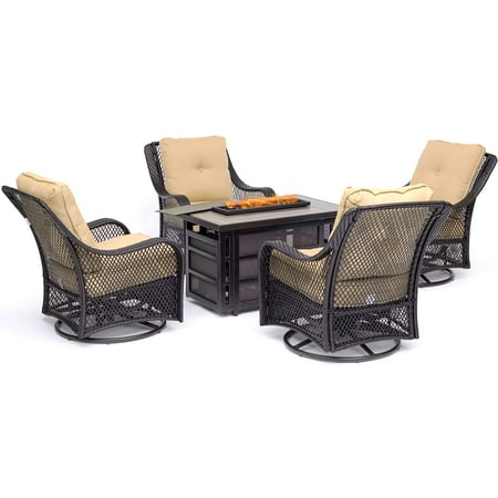 Fire Pit Table And Chairs Hanover Orleans 5-Piece Fire Pit Chat Set with a 30,000 BTU Fire Pit Table and 4 Woven Swivel Gliders in Sahara Sand ()