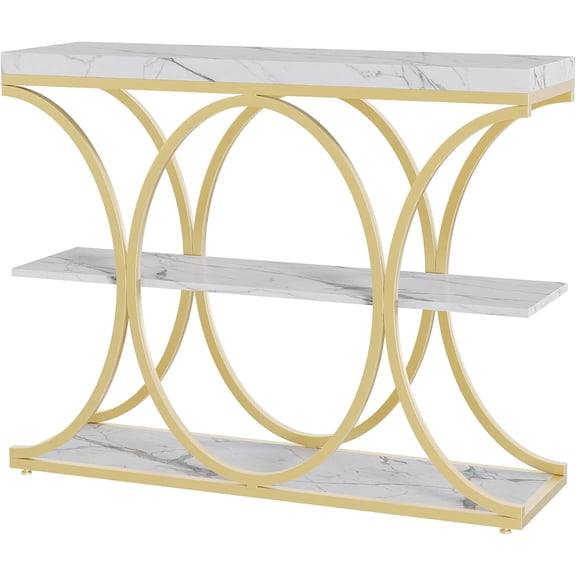 3-Tier Modern Narrow Console Table – Entryway and Living Room Sofa Table with Storage Shelves, Geometric Metal Legs – Accent Hallway and Foyer Furniture – Gold Tube & Marble White