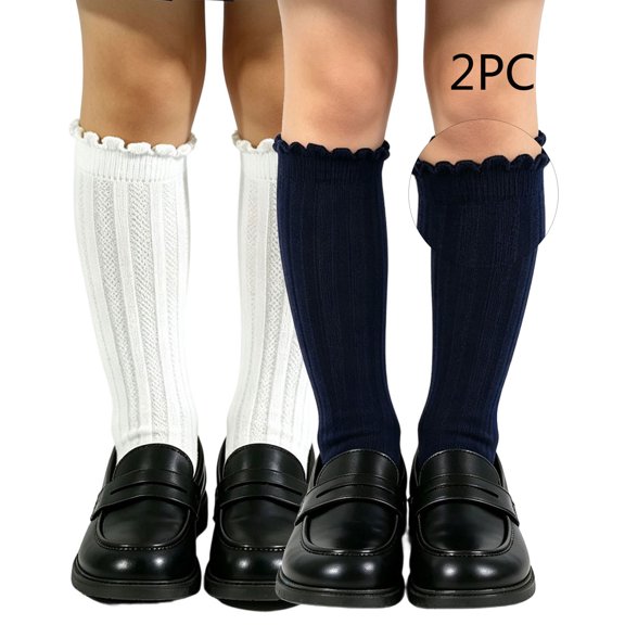 Fancifize Cute School Uniform Socks for Girls Knee High Sockings 2 Pairs Ruffle Cuff Ribbed Texture Sock for Daily Wear