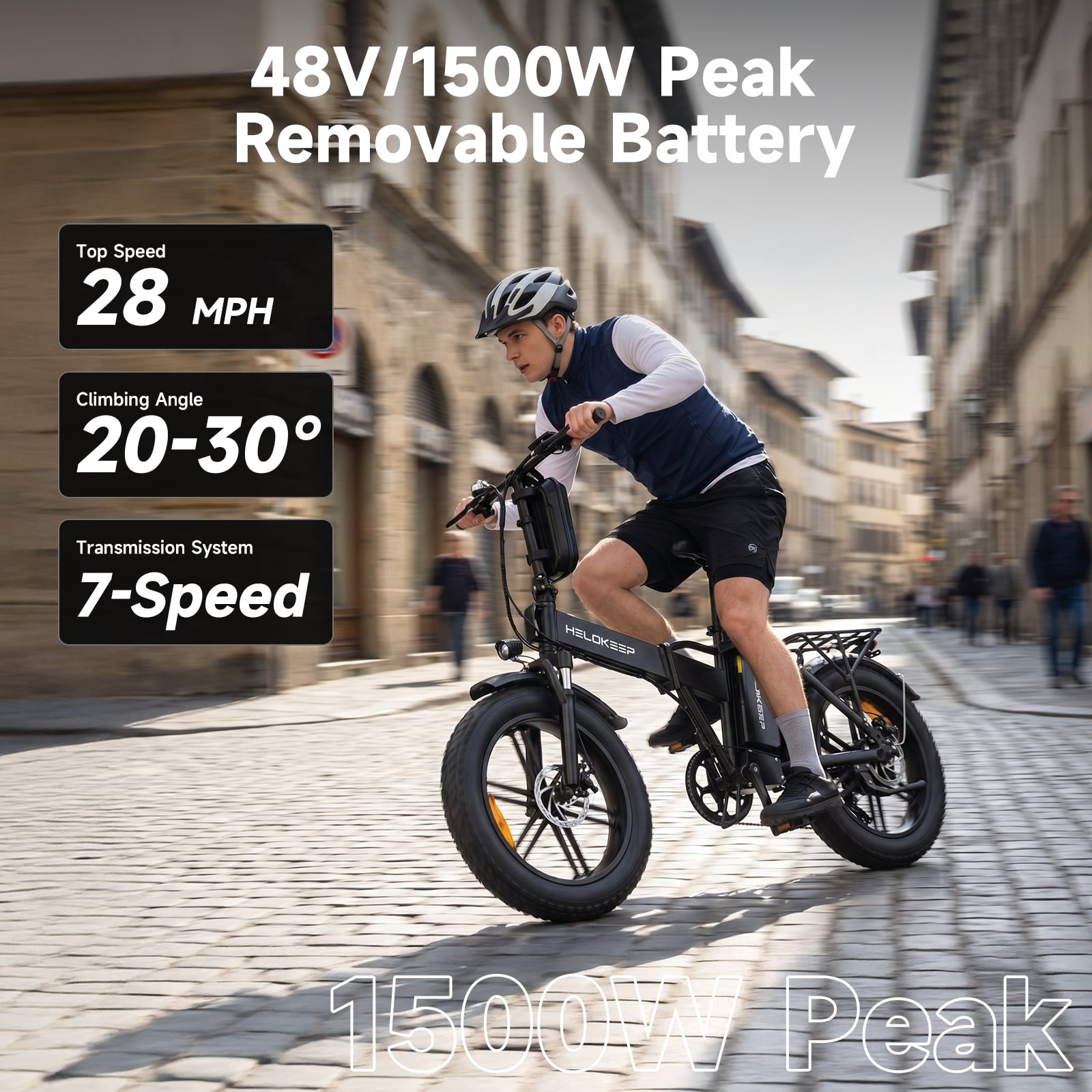 Helokeep CM20-G 20x4 Fat Tire Folding Electric Mountain Bike, Unisex Design, Disc Brakes, 750W/1500W, 48V 25Ah, 7-Speed, UL 2849 Certified, White