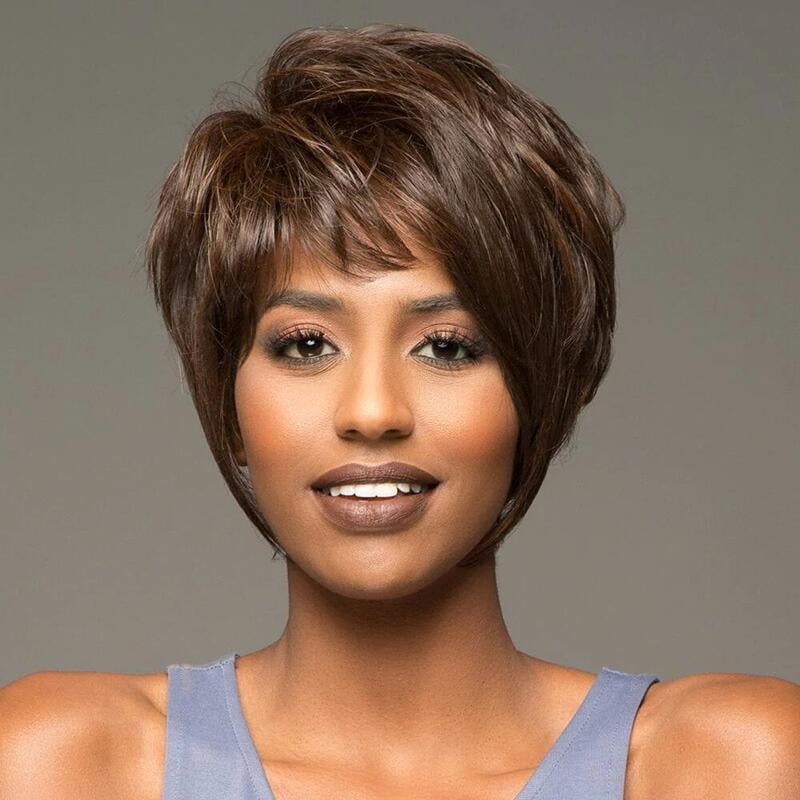 Wig short curly hair dark brown fluffy short bangs women's wig natural and realistic