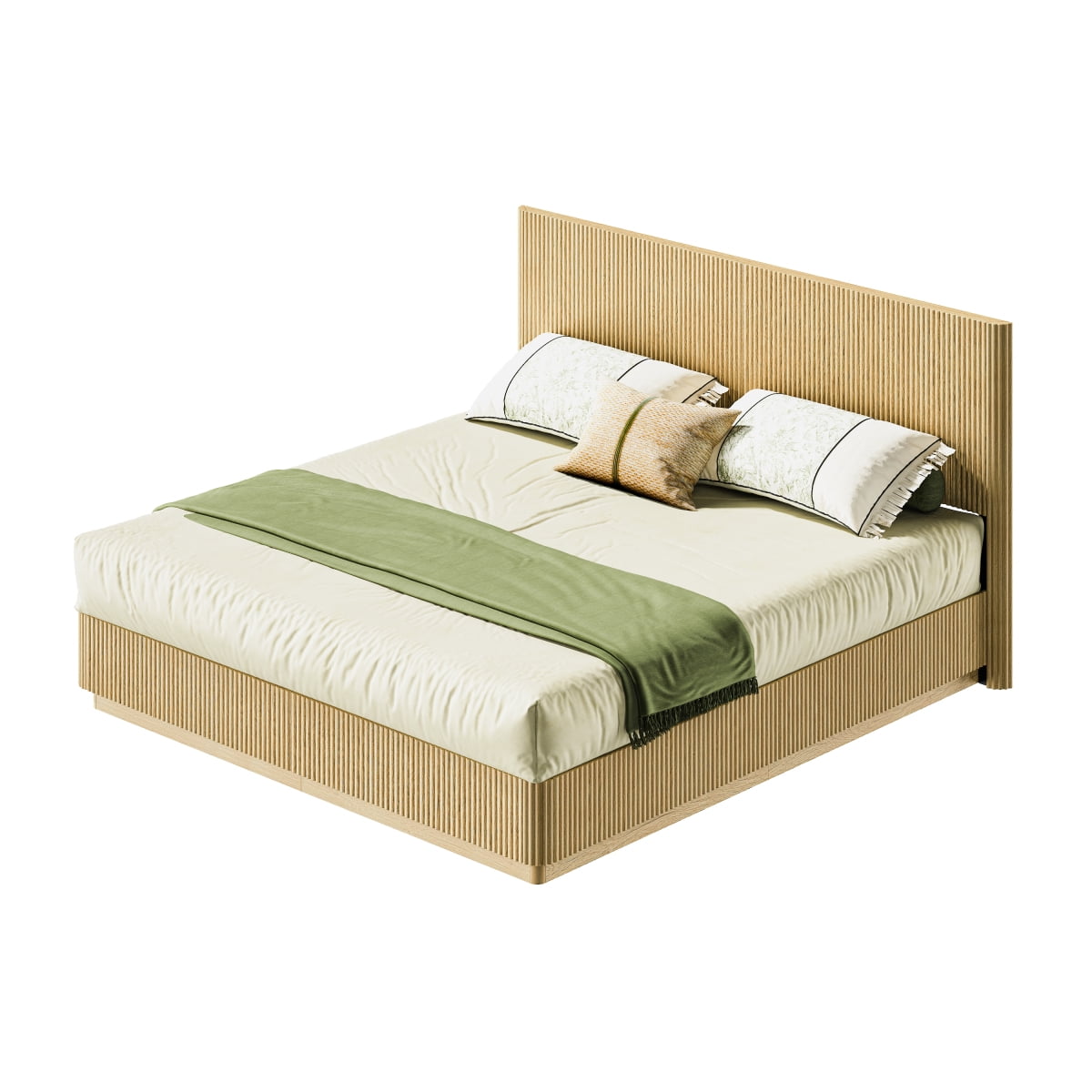 Luckynote Kind Size Bed Frame with LED Lights, Modern Wooden Corrugated Curved Lines, Convex Groove Board Design, Oak.