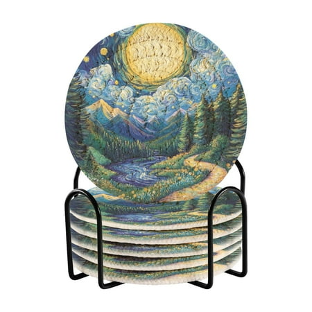 

6-Pack Polyester Coil Coasters with Holder - Heat-Resistant (140℃) Non-Slip & Durable，Blue Starry Night