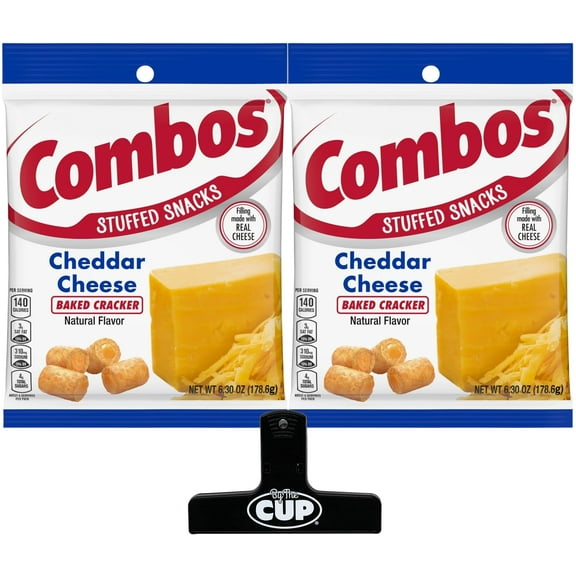 Combos Cheddar Cheese Baked Crackers, 6.3 oz Bag (pack of 2) with By The Cup Bag Clip