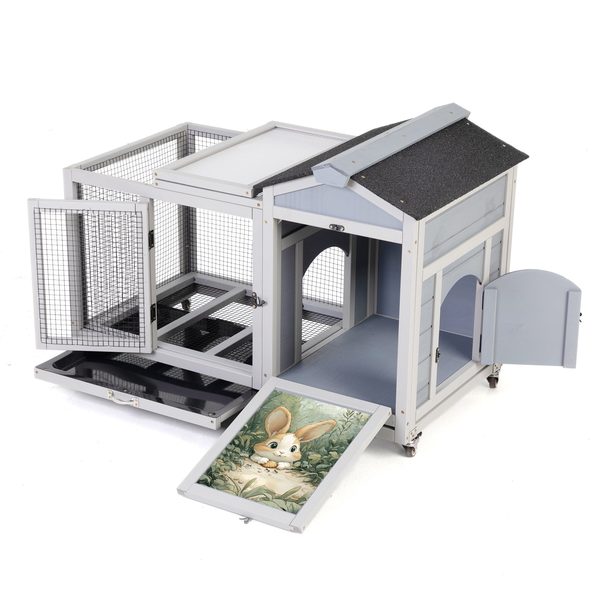 Anwickjeff Wooden Rabbit Hutch, Indoor & Outdoor Small Animal House with Casters, Weatherproof Roof, Removable Tray, Bunny Cage Pet House for Rabbits, Ducks, Squirrels, and Guinea Pigs