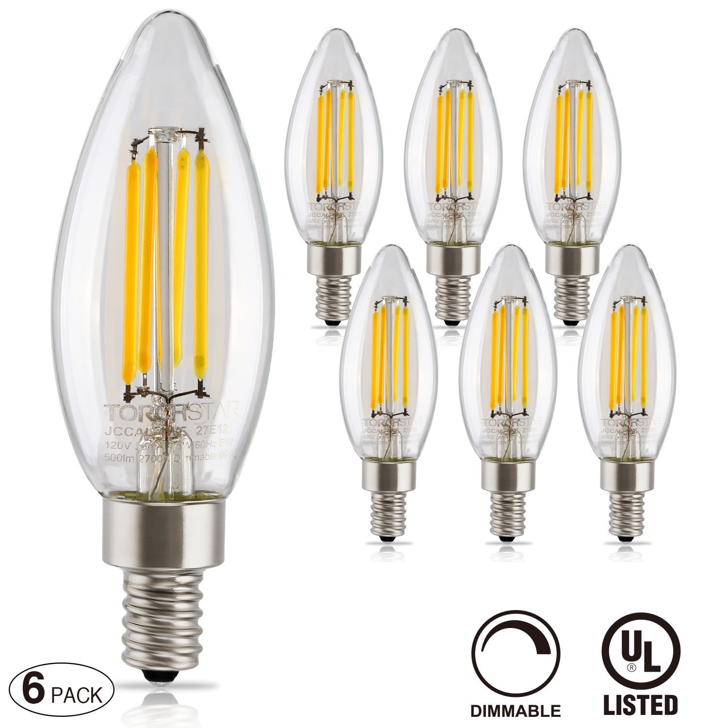 Lot/5 LED Candelabra Light Bulbs-4W-E12-120V-2700K-Dimmable-Torpedo-Clear-FS 