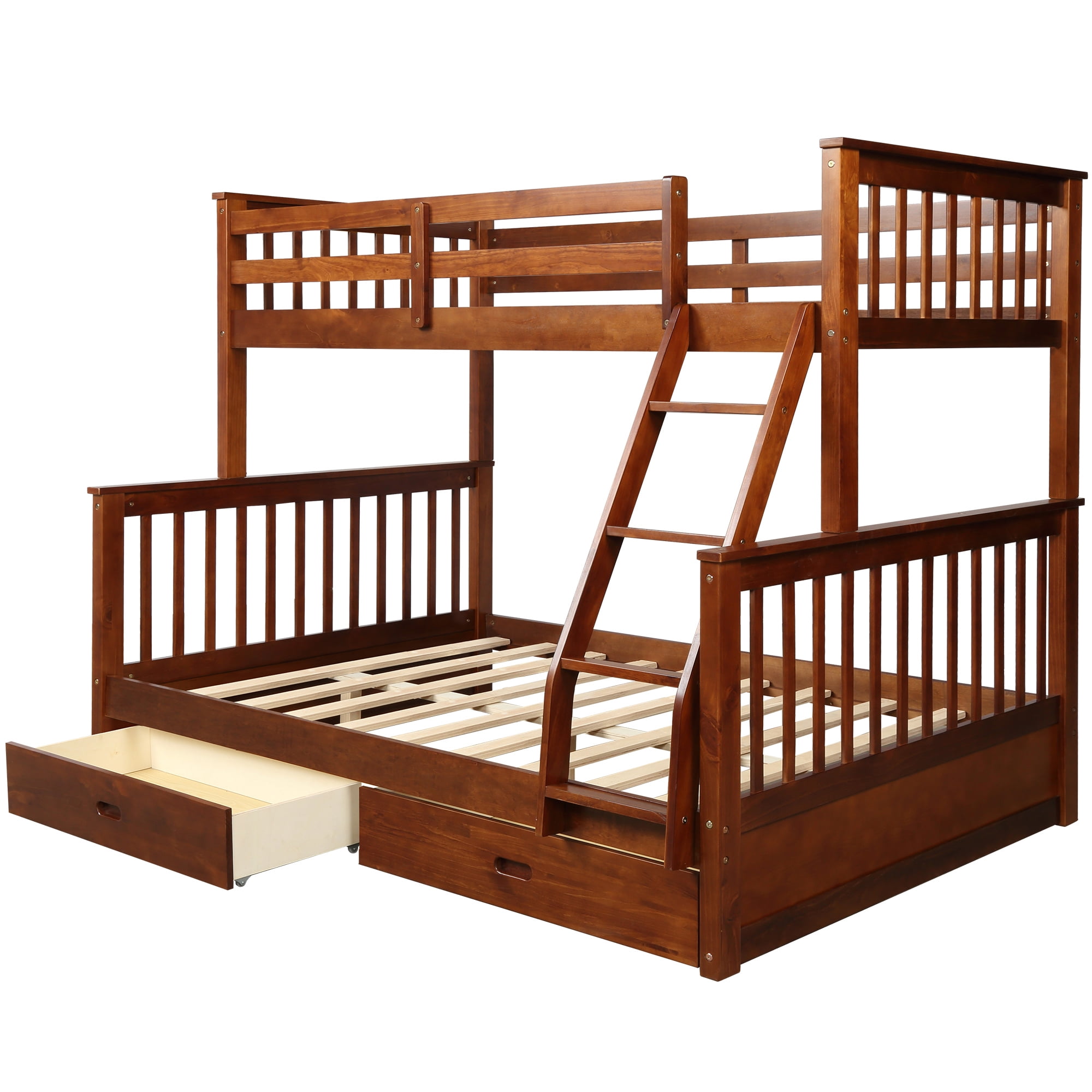 Kepooman Twin-Over-Full Wood Bunk Bed with 2 Storage Drawers & Ladder for Dorm, 79.53"L x 58.27"W x 66.54"H, Walnut Kepooman Twin-Over-Full Wood Bunk Bed with 2 Storage Drawers & Ladder for Dorm, 79.53"L x 58.27"W x 66.54"H, Walnut