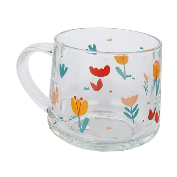 Taza de café de vidrio, taza de jugo, taza de té, taza de leche, taza de té, taza de camping con asa Flores
