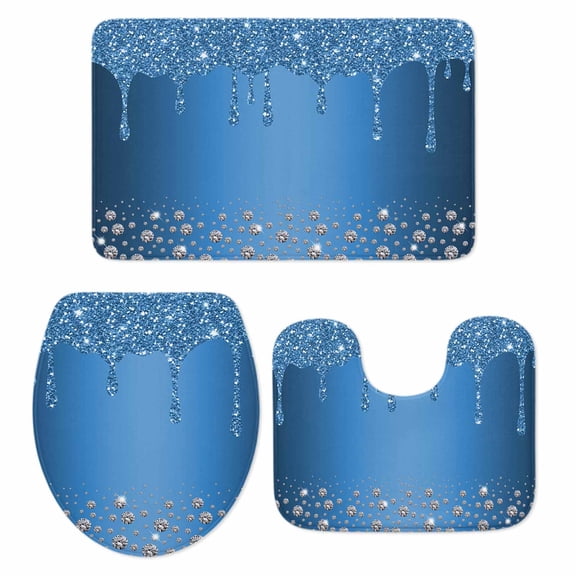 Luxury Diamond Bathroom Rugs Set Shinning Blue Gradient Modern Art Non Slip Absorbent Soft Bath Mats 3 Piece Set with Bathroom Rug, U-Shaped Floor Mat, Toilet Seat Cover Large Size