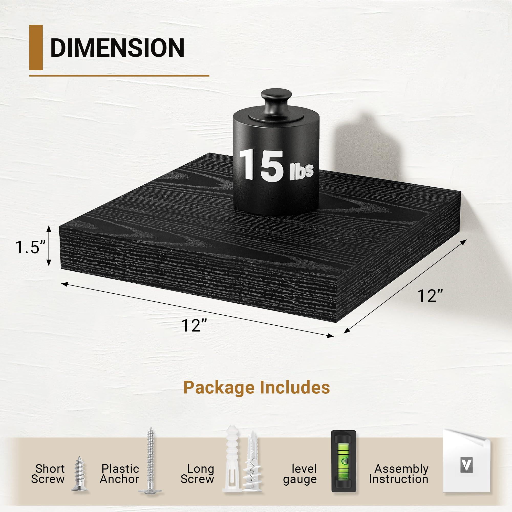 Black Floating Shelves 12 Inches Wide  12" Deep Wall For Bedroom Bathroom Living Room Kitchen Office Rustic Home Decor Shelf With Invisible Brackets X 1.5" Set Of 2
