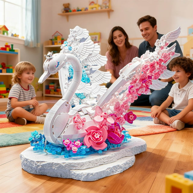 Aodebiao 1 Packs Educational Building Blocks Set, Light-Up Flower Swan Model Toy, Creative Construction STEM Learning Kit for , Holiday Birthday Gift Idea