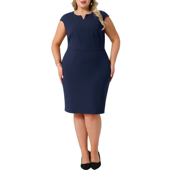 DARING DIVA Plus Size Sheath Notched Neck Work Events Dress 1X Dark Blue