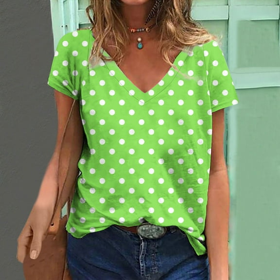 BVOFAR Summer Tops for Women 2025 Polka Dot V Neck T-Shirts Casual Short Sleeve Tees Trendy Loose Comfy Blouses