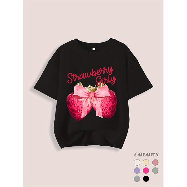 Strawberry Girl" Cute Graphic Tee for Girls - Casual Round Neck, Short Sleeve, Soft Polyester Blend, Machine Washable - Summer Collection in Beige with Pink Strawberry & Bow Design