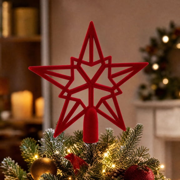 7.8 Inch Red Velvet Christmas Tree Topper Star Holiday Ornament |Hollow-out Star Design, Festive Centerpiece for Seasonal Decorating, Adds Elegant to Home