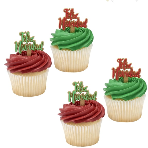 CakeDrake Feliz Navidad Cake Picks 24 Pack, Red and Green Foil Holiday Cake and Cupcake Toppers for Christmas and Winter Celebrations