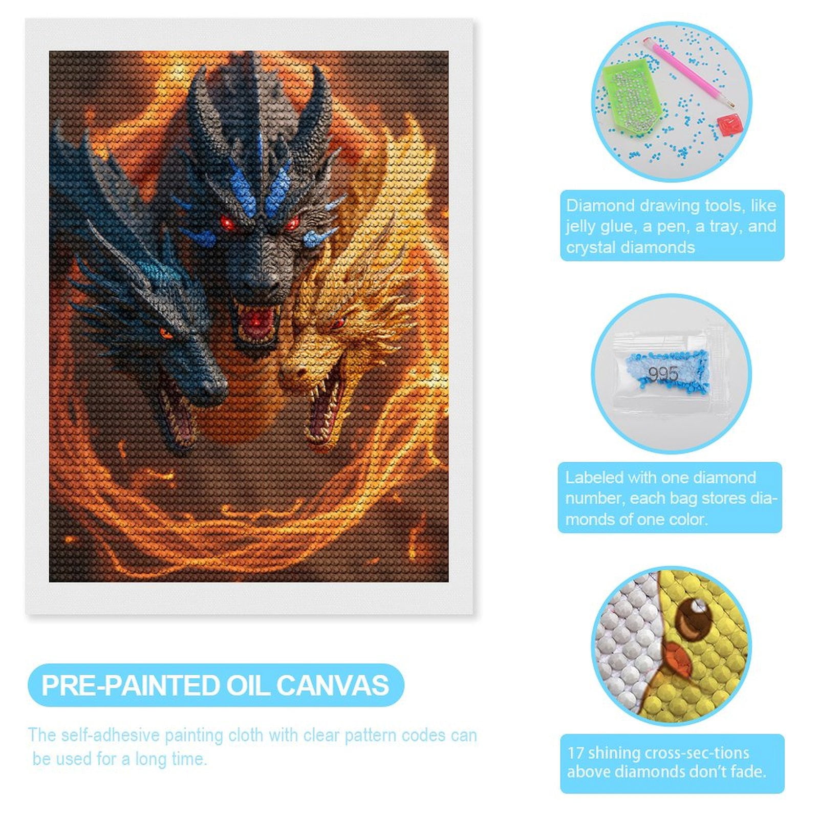 Diamond Art Kits for Adults, Triple Headed Fiery Dragons 5D Diamond Painting Kits for Adults Beginners, DIY Full Drill Diamond Painting, Gem Art and Crafts 12x16