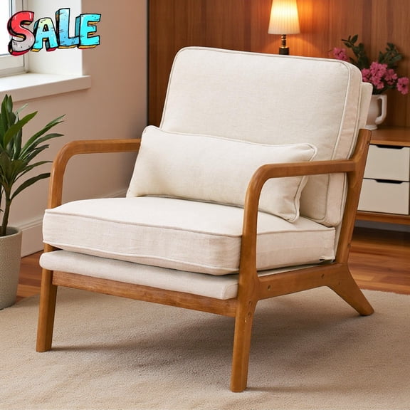 Tcbosik Modern Upholstered Lounge Armchair with Solid Wood Frame, Mid-Century Linen Fabric Accent Single Chair w/ Plush 5.5" Cushion & Lumbar Pillow, Perfect for Living Room, Reading Nook, Off-White
