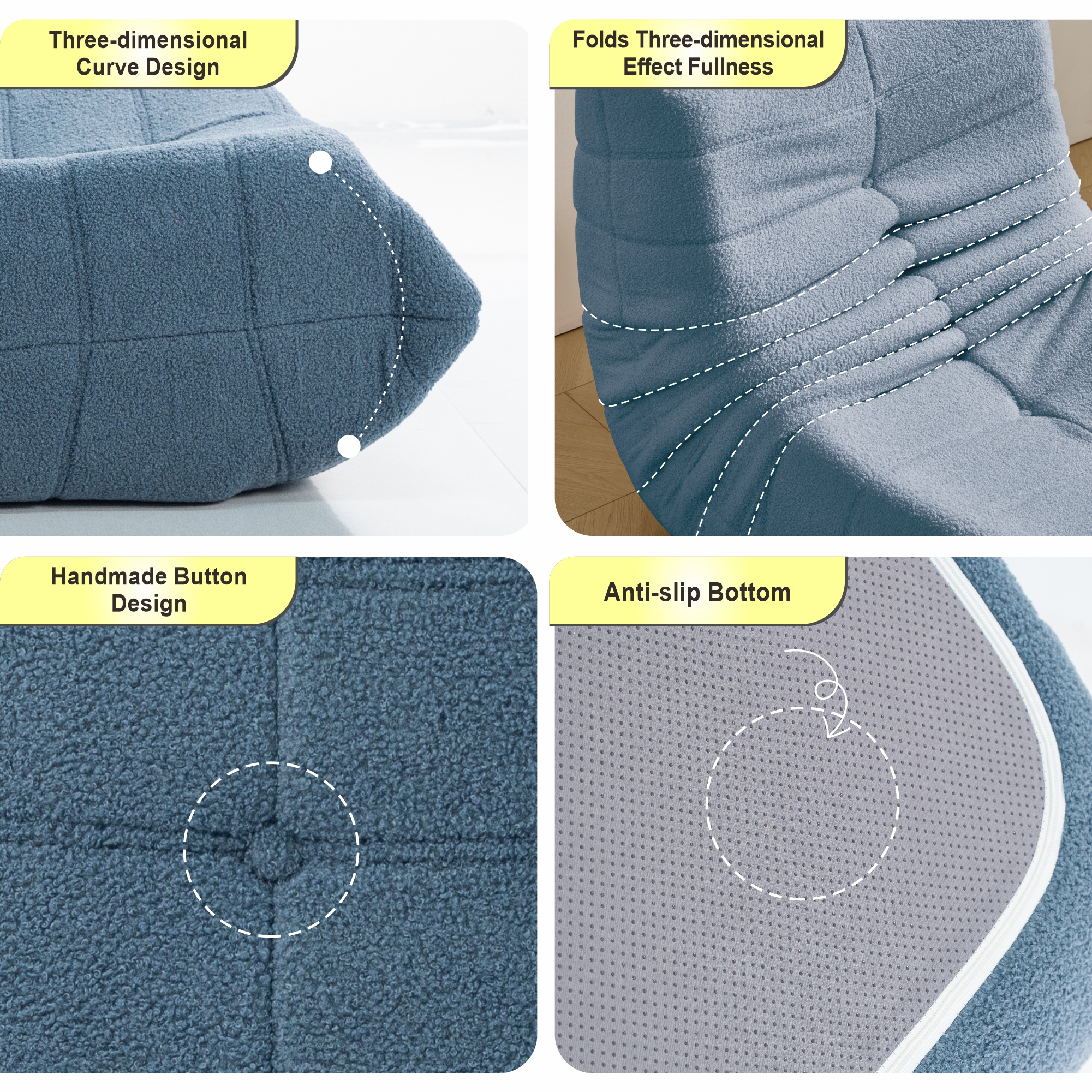Evita Teddy Fabric Blue Gray Bean Bag Chair with Ottoman, Memory Foam Lounge Chair for Adults, Ergonomic Floor Seating Sofa for Living Room or Bedroom