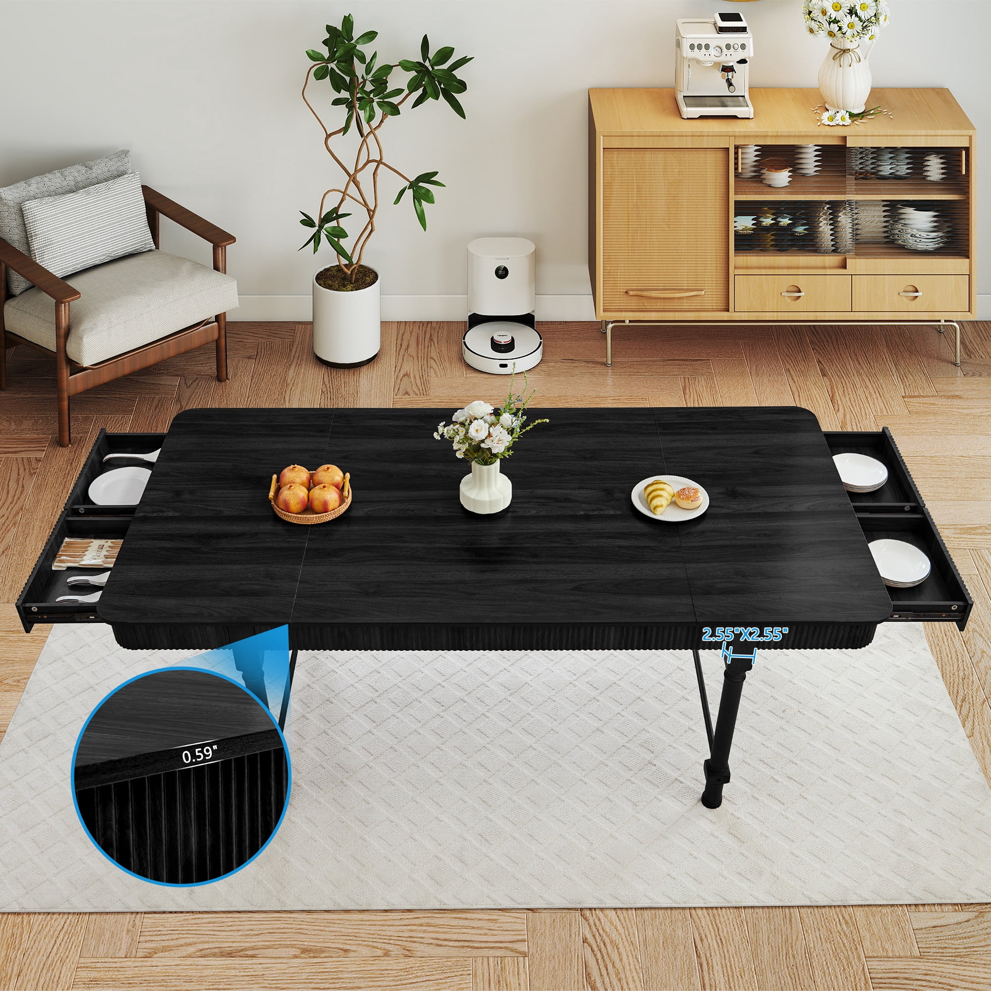 Weselon 78.74" Square Dining Table with 4 Drawers, Wood Fluted Dining Table with Storage Drawers, Seats up to 6,Large Kitchen Table for Casual Meals and Special,Dining Room, Black