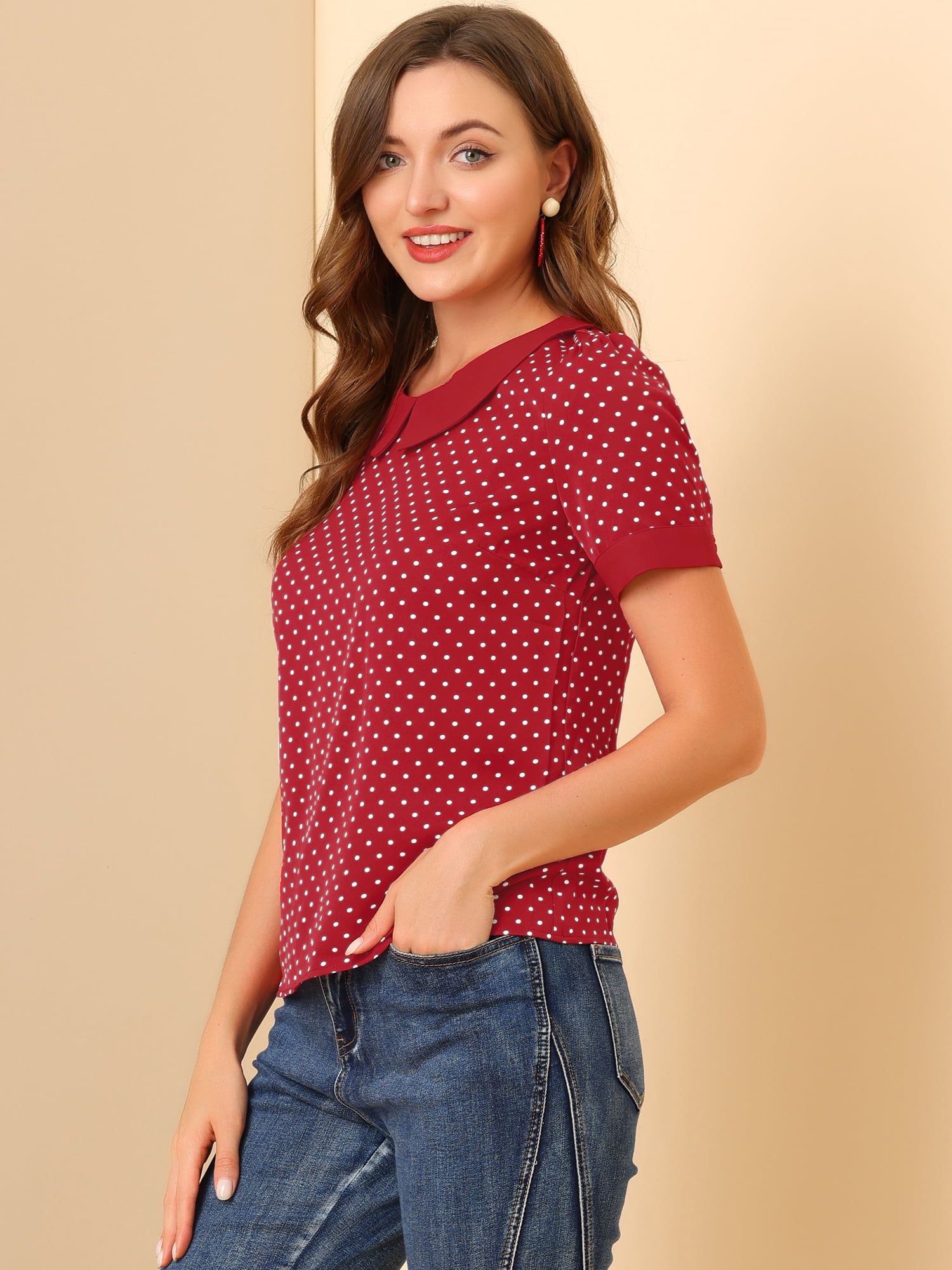 DARING DIVA Women's Peter Pan Collar Polka Dots Short Sleeve Tops XL Red