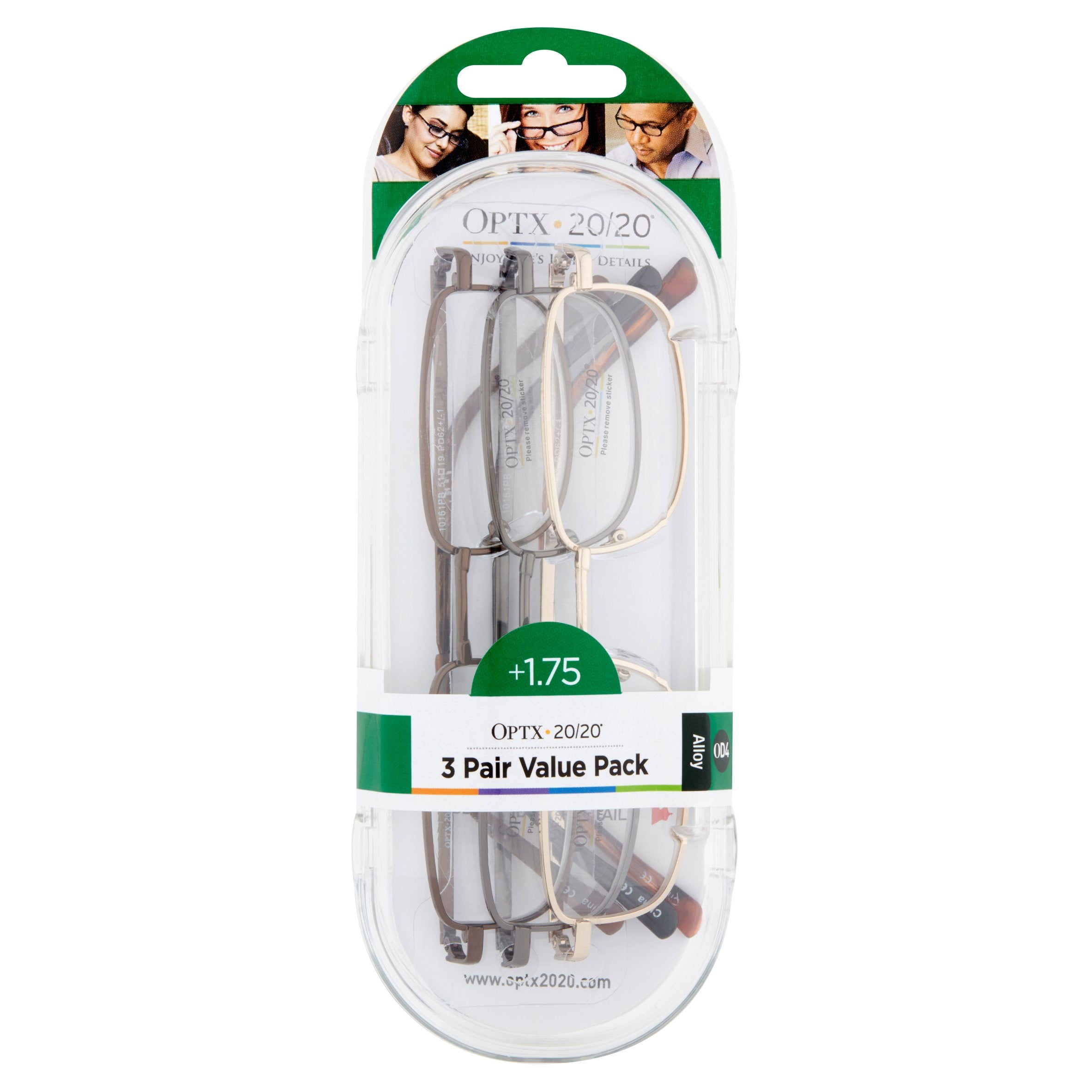 Optx 20/20 Alloy OD4 +1.75 Reading Glasses Value Pack, 3 count