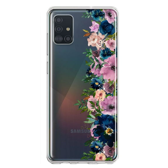 MUNDAZE Samsung Galaxy A31 Shockproof Clear Hybrid Protective Phone Case Navy Blue Summer Watercolor Floral Purple Flowers Cover