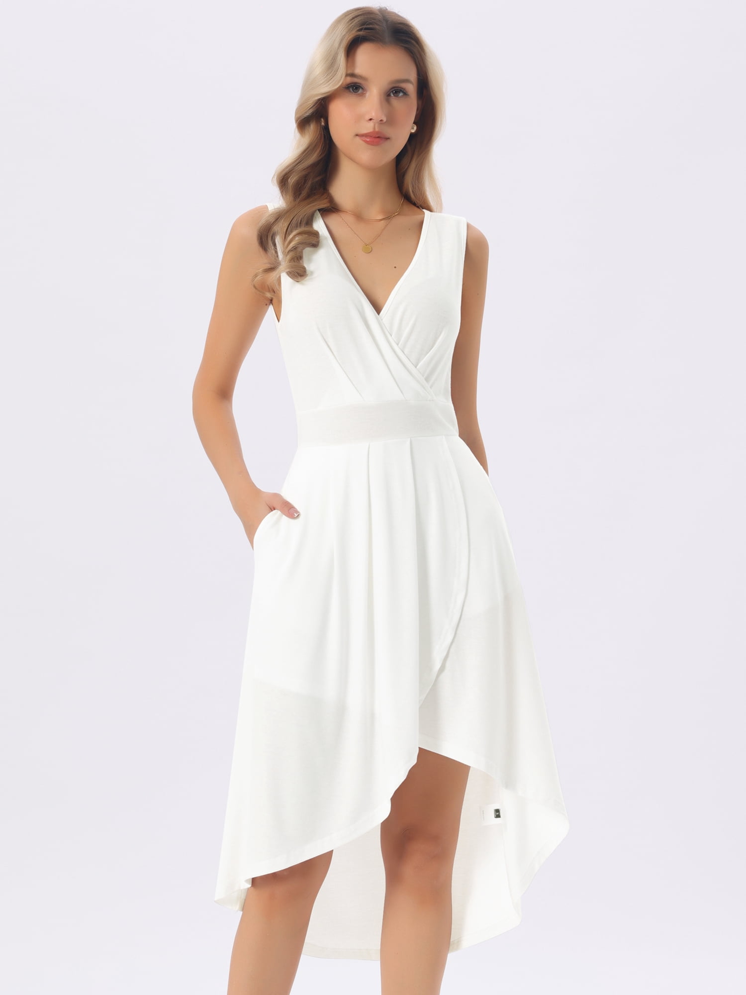 DARING DIVA Women's Elegant V Neck Sleeveless Midi Wrap Dresses S White
