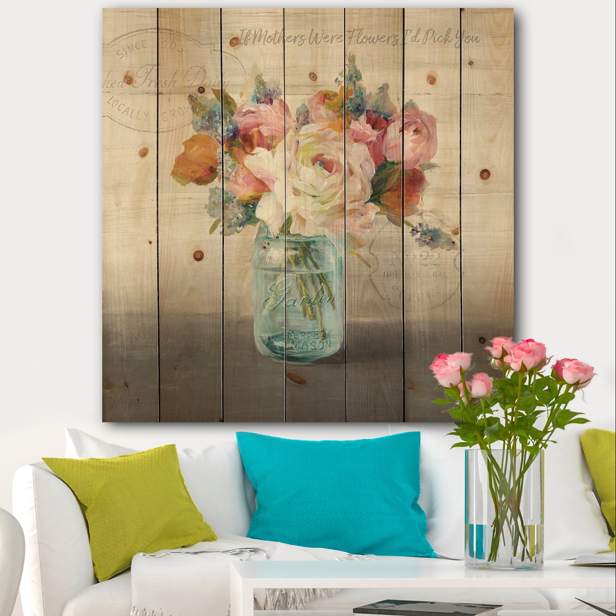 Designart 'French Cottage Bouquet II Mothers' Cottage Print on Natural Pine Wood
