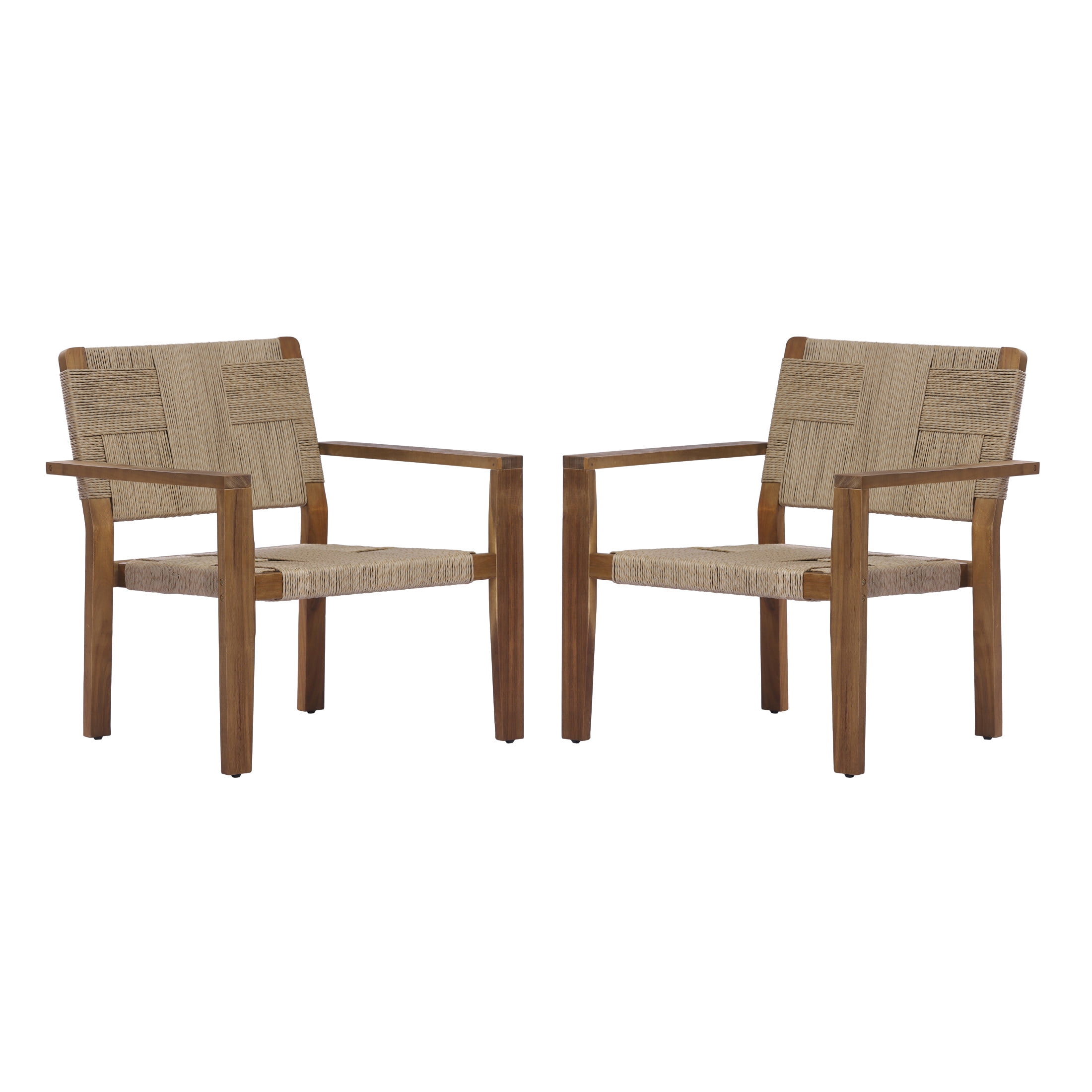 Christopher Knight Home Set of 2 Outdoor Club Chairs, Acacia Wood Frame with Rope Weave, Brown + Natural