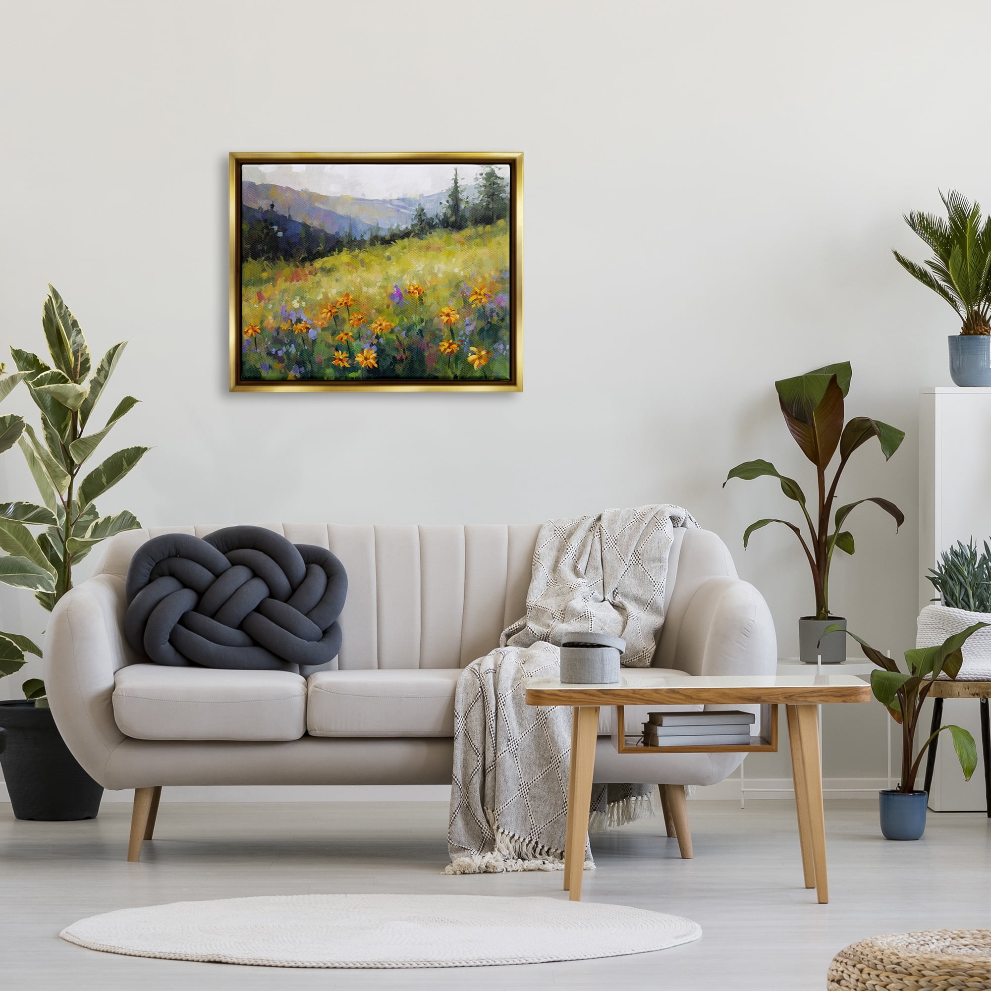 Stupell Industries Flower Meadow Painting Landscape Painting Gold Floater Framed Canvas Art Print Wall Art, 31 x 25