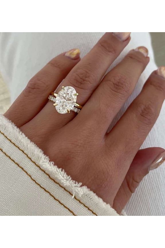 Oval Cut Diamond Engagement Ring for Women 14K Yellow Gold Vermeil Wedding Ring Pave Band Hidden Halo Solitaire Bridal Ring