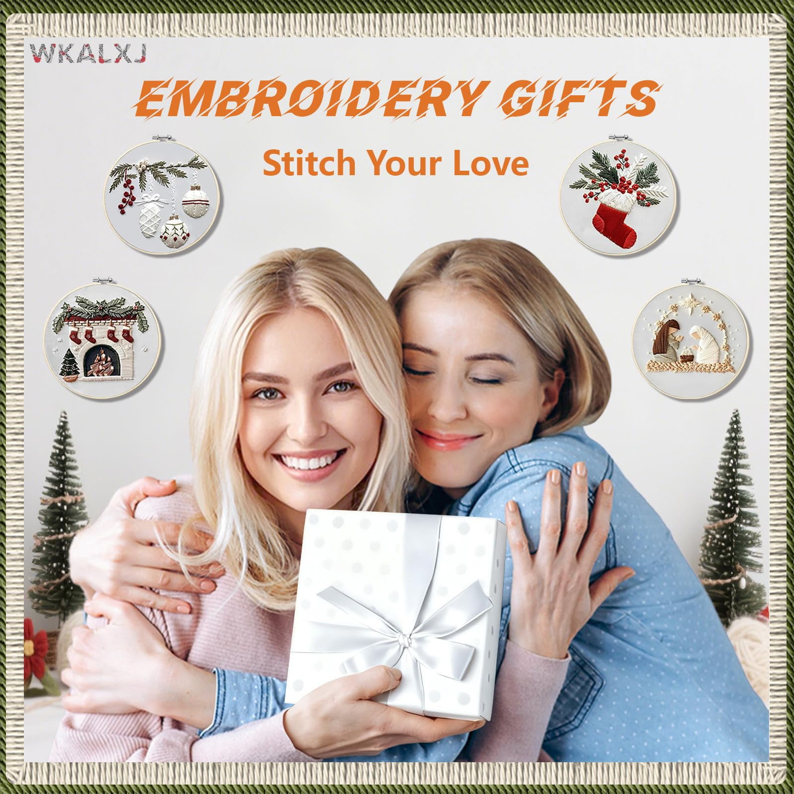 a QSTNOLOGY 4 Sets Christmas Embroidery Kits for Adults, Embroidery Kit for Beginners, Cross Stitch Kits for Beginners with Pattern, Needles, Threads, Tools (Holly+Holiday+Gnome+Nativity Manger)