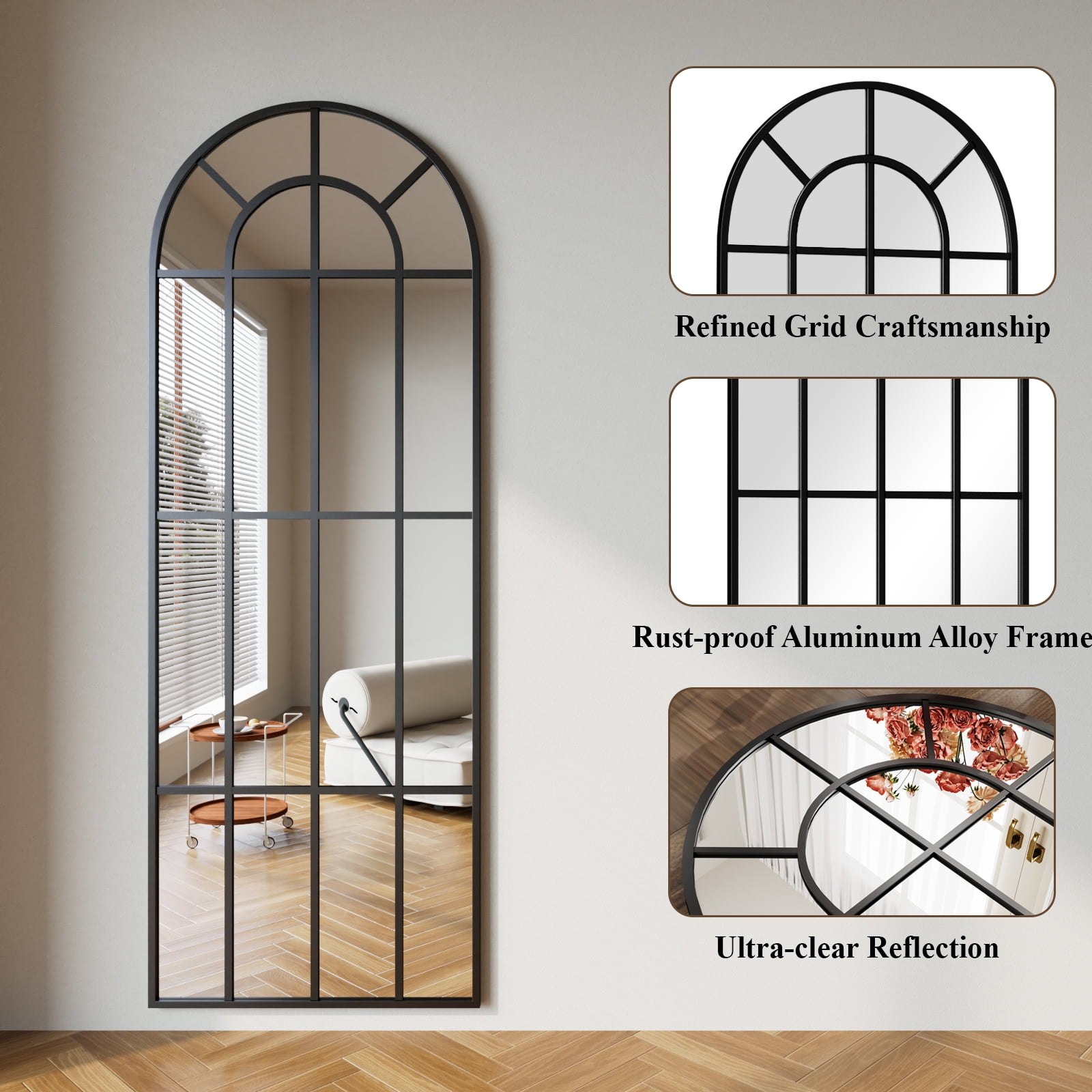 GRAHMCY 69"x25" Arched Full Length Floor Mirror with Windowpane Wall-Mounted Floor Mirror, Black