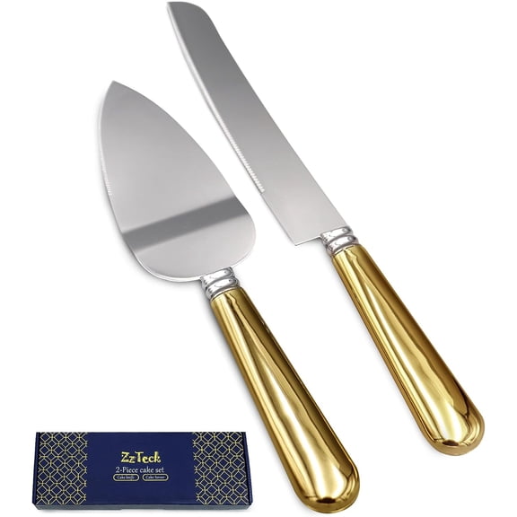 Zzteck Stainless Steel Wedding Cake Knife and Server Set with Golden Handles- Cake Cutter Set With 12" Server & 9.8" Knife - Durable & Dishwasher Safe - Cake Cutting Set for Wedding, Party & Events