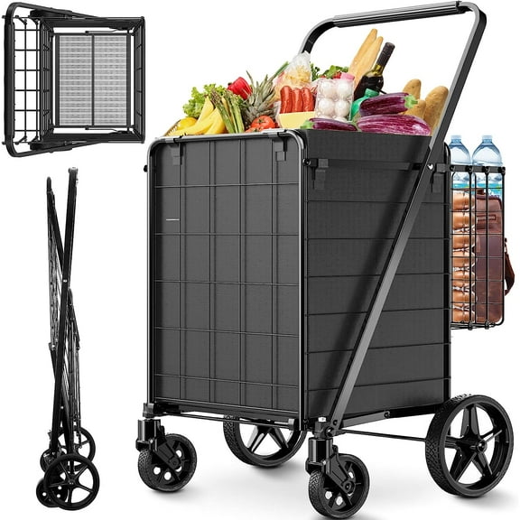 Folding Shopping Cart for Groceries,360 lbs Capacity Grocery Cart with Waterproof Liner and 360° Swiveling Wheels Collapsible Shopping Carts with Double Basket for Condo Laundry Transport Trip